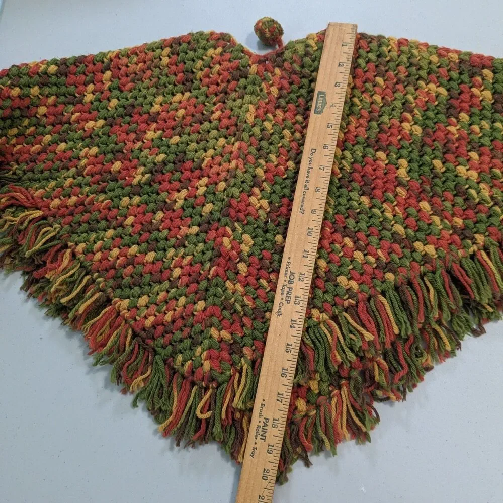 Vintage Crochet Granny Poncho Multicolor Fringe Boho Handmade Cape Wrap
